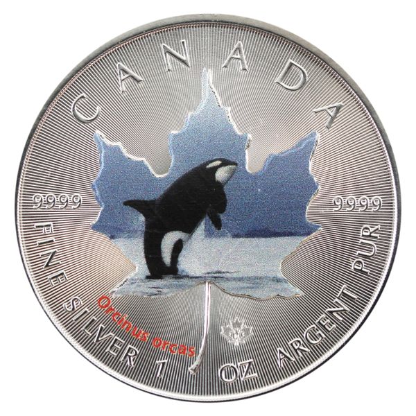 2014 $5 SML w/ Coloured Orcha Whale 'Orcinus orcas'. 1oz .9999 Silver (Tax Exempt)