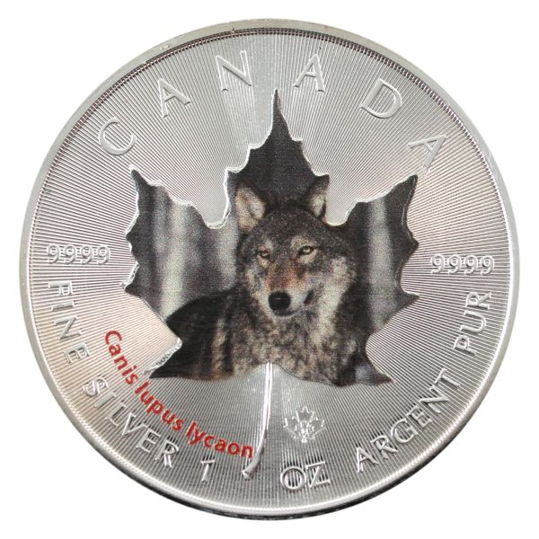 2014 $5 SML w/ Coloured Wolf 'Canis lupus lycaon'. 1oz .9999 Silver (Tax Exempt)