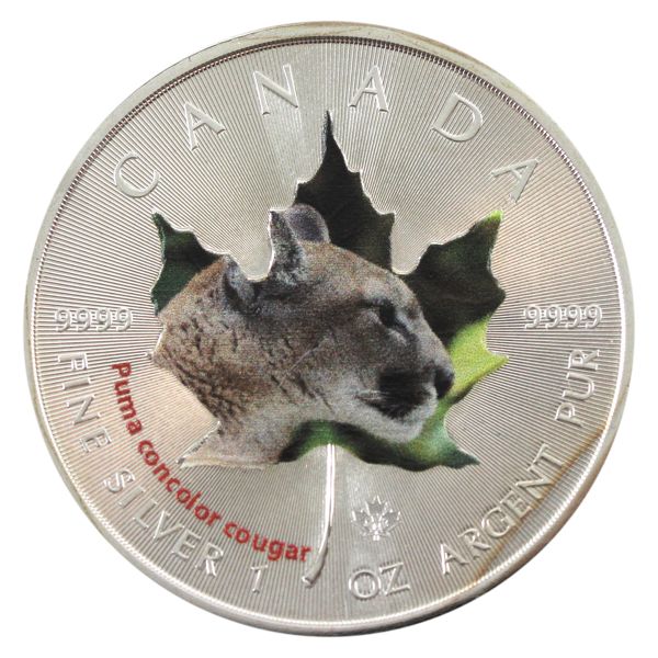 2014 $5 SML w/ Coloured Cougar 'Puma concolor cougar'. 1oz .9999 Silver (Tax Exempt)
