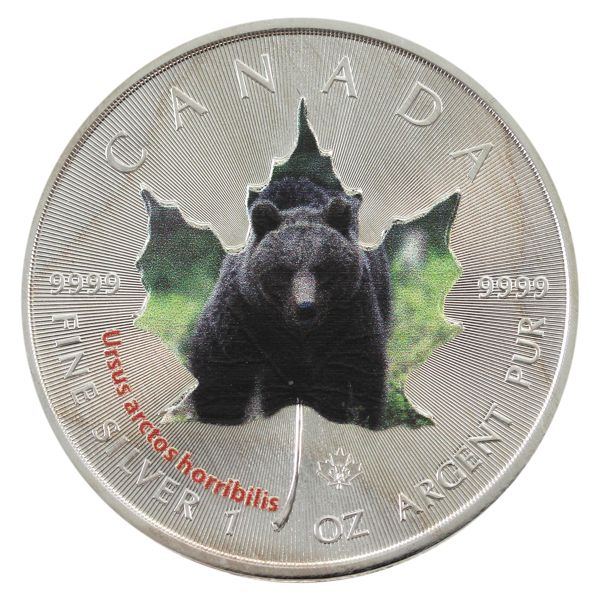 2014 $5 SML w/ Coloured Grizzly Bear 'Ursus arctos horribilis'. 1oz .9999 Silver (Tax Exempt)
