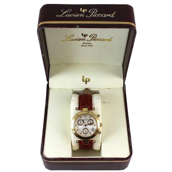 Used Lucien Piccard 27072 Chronograph Gold Plated Wristwatch with Genuine Leather Band