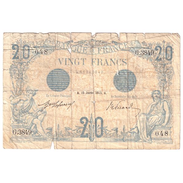 1913 Pick #68b France 20 Francs Fine (Tears)