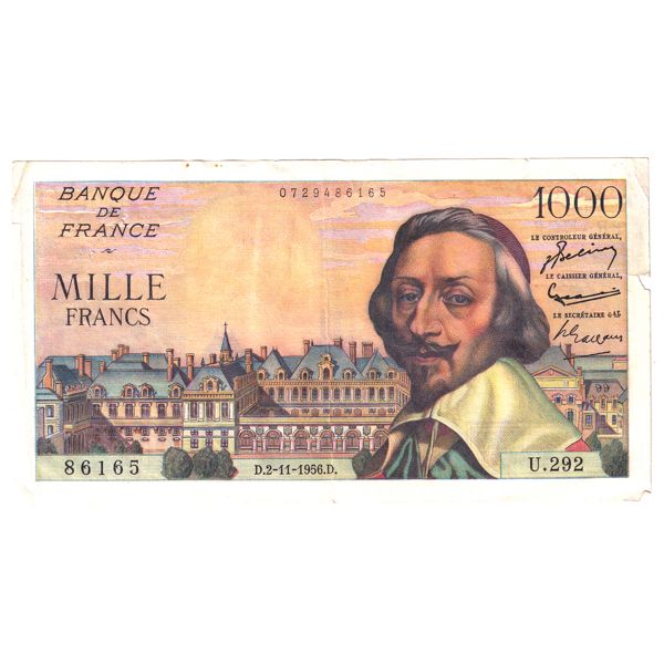 1956 Pick #134a France 1000 Francs EF-AU (Damage)