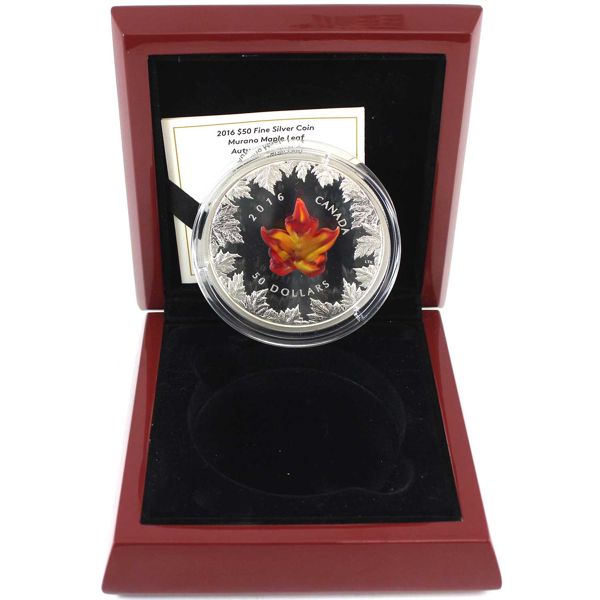 2016 $50 Autumn Radiance 5oz Fine Silver Coin with Murano Glass Maple Leaf