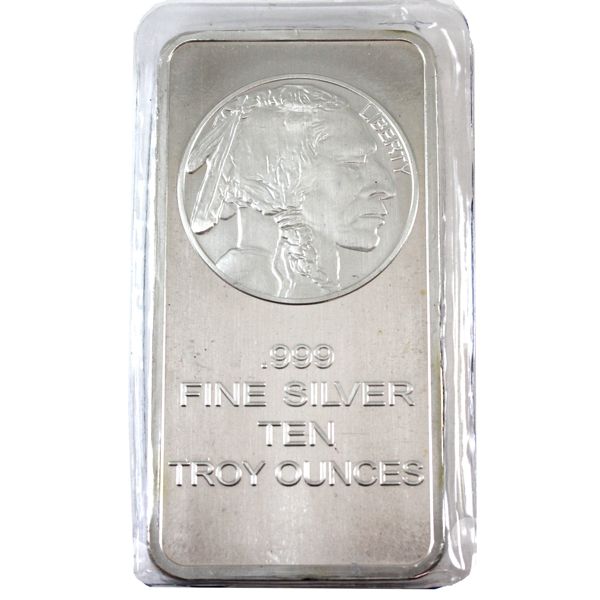 10oz USA Liberty-Buffalo .999 Fine Silver Bar in Mint Plastic (Tax Exempt)