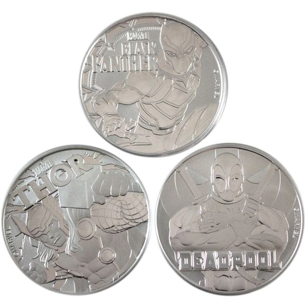 3x 1oz Tuvalu $1 Marvel Series- Black Panther, Thor & Deadpool .9999 Fine Silver 3pcs. (Tax Exempt)