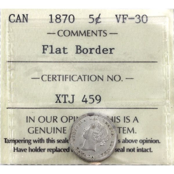 5-cent 1870 Wide Rim Flat Border ICCS  VF30
