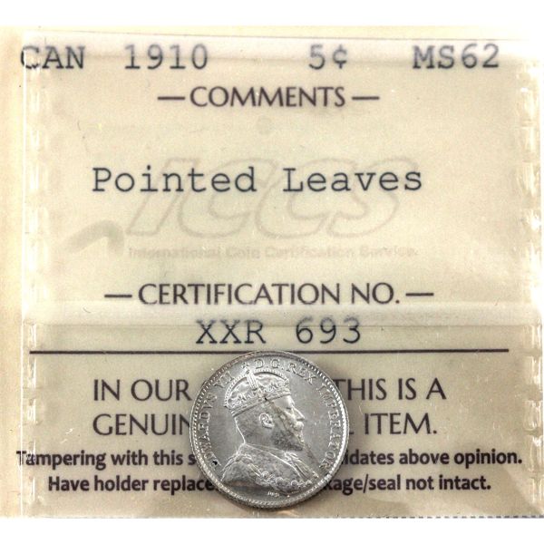 5-cent 1910 Pointed Leaves ICCS MS62