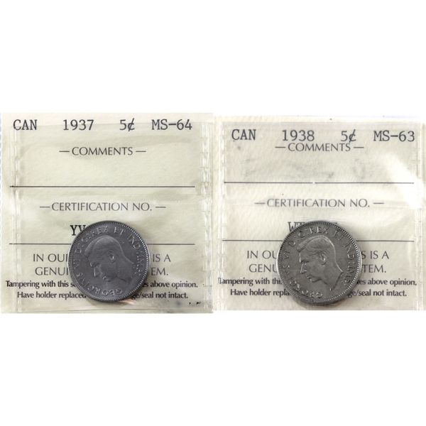 5-cent 1937 MS64 & 1938 MS63 ICCS. 2pcs.