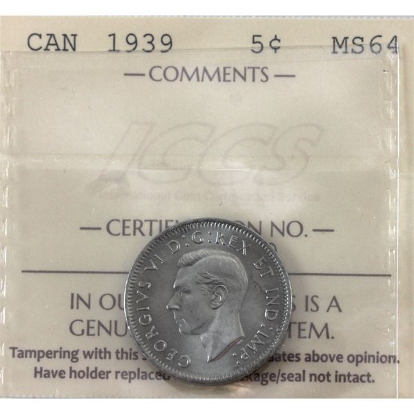 5-cent 1939 ICCS MS64