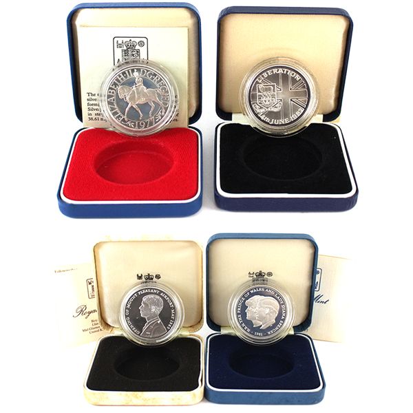 Mixed Lot of Falkland Islands & Great Britain Royal Mint Commemorative Proof Silver Coins. 4pcs.