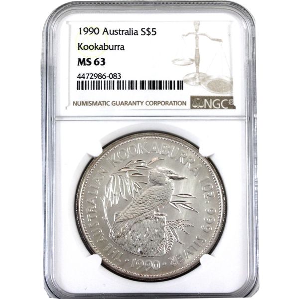 1oz Australia 1990 $5 .999 Fine Silver Kookaburra NGC MS63 (Tax Exempt)