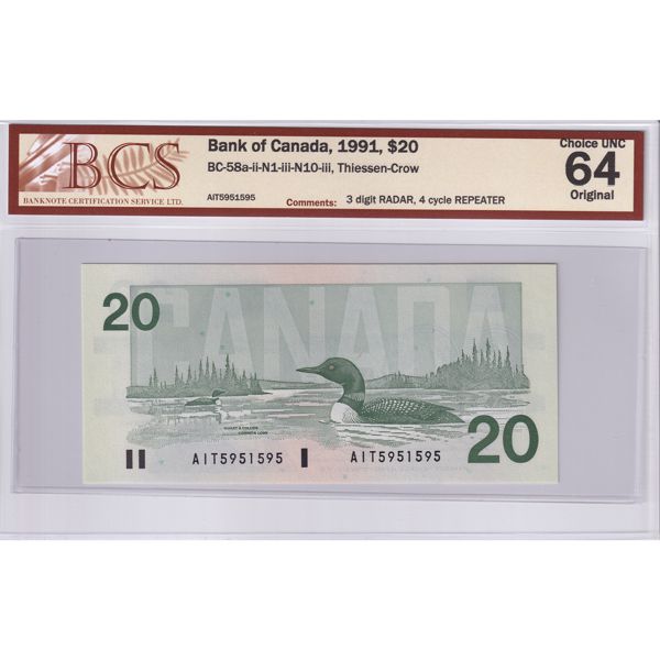 RADAR BC-58a-ii-N1-iii-N10-iii 1991 $20 BCS CUNC64 Original 4 Cycle REPEATER, 3 Digit RADAR 