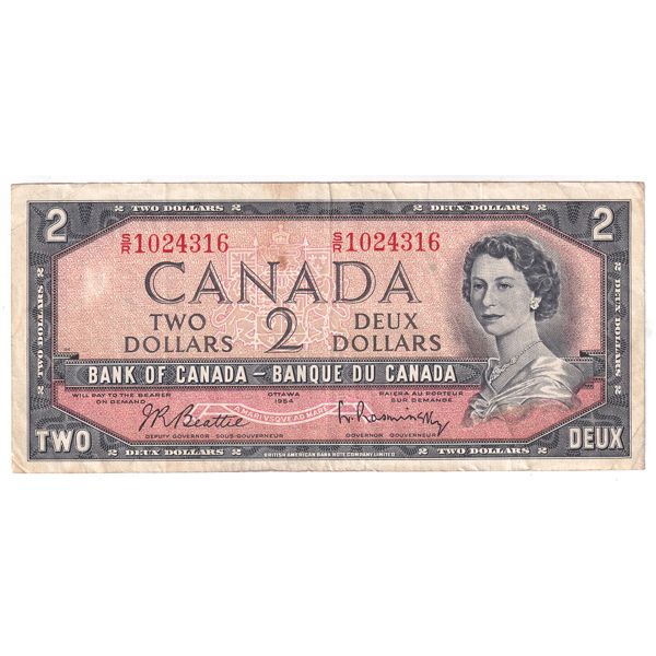 BC-38bT 1954 $2 VF Test Note Beattie-Rasminsky SN: S/R1024316