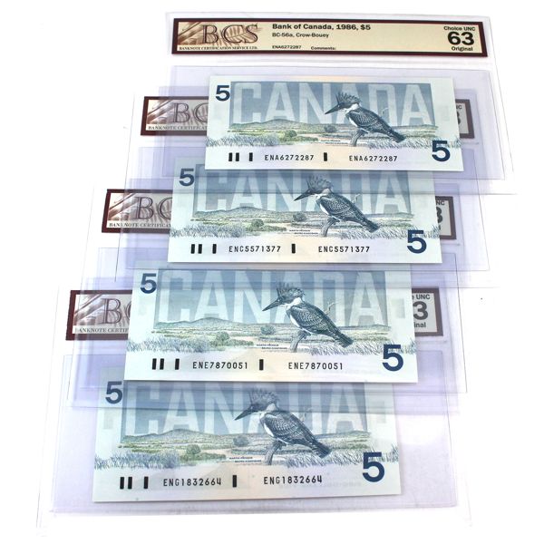 4x BC-56a 1986 $5 BCS CUNC63 Original Crow-Bouey. 4pcs.