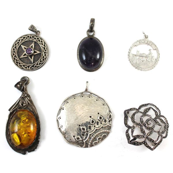6x Sterling Silver .925 Assorted Pendants/Brooch Some With Various Yellow and Purple Stones. 6pcs. 