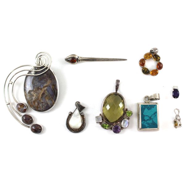 8x Sterling Silver .925 Assorted Pendants Some With Various Coloured Stones. 8pcs. 