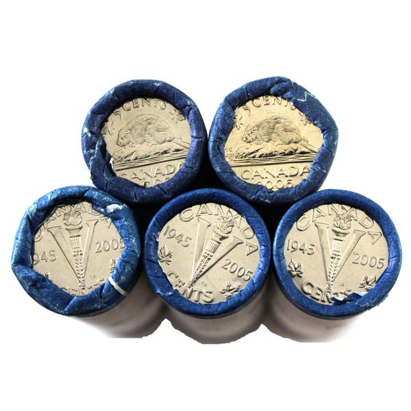 *5-cent 3x 2005 VE Day Regular Wrapped & 2x 2006 Original Roll of 40pcs. 5 Rolls 