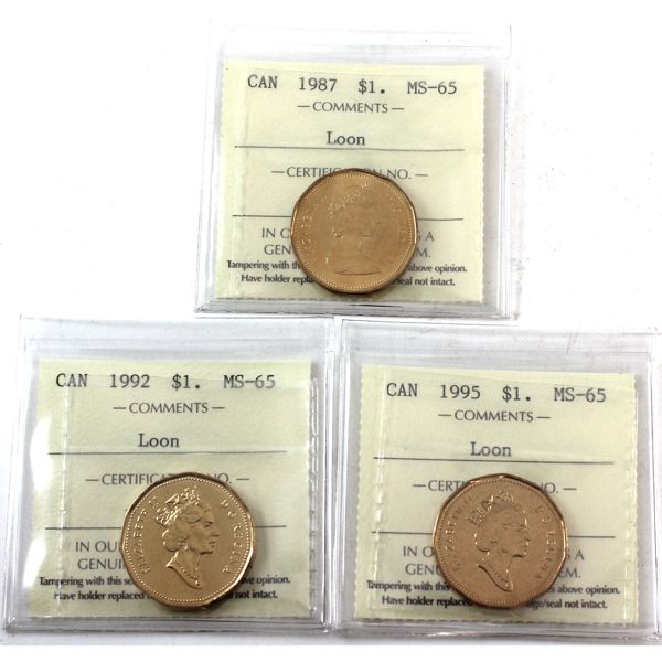 Loon $1 1987, 1992 & 1995 ICCS  MS65. 3pcs.