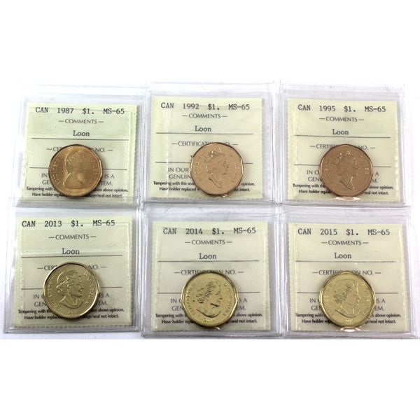 Loon $1 1987, 1992, 1995, 2013, 2014 & 2015 ICCS MS65. 6pcs.