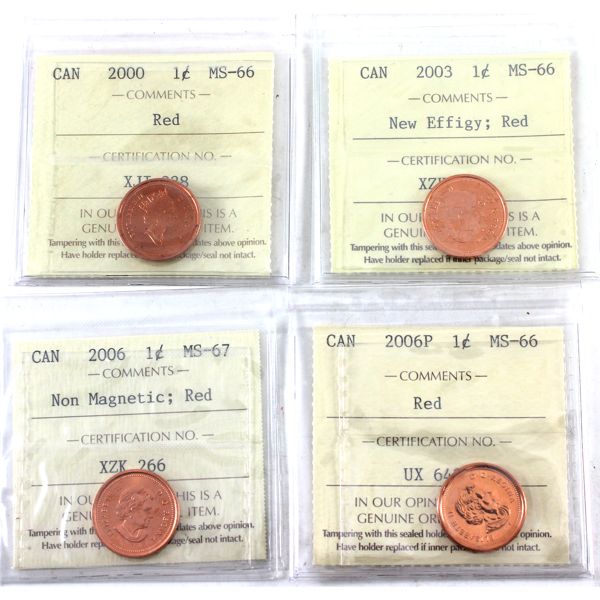 1-cent 2000, 2003 New Effigy & 2006P MS66 & 2006 Non Magnetic MS67 ICCS Red. 4pcs.