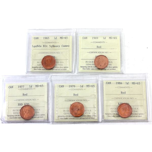 1-cent 1965, 1969, 1977, 1979 & 1984 All ICCS MS65 Red. 5pcs.