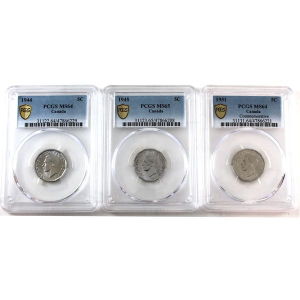 5-cent 1944 MS64, 1945 MS65 & 1951 Commemorative MS64 All PCGS Certified. 3pcs