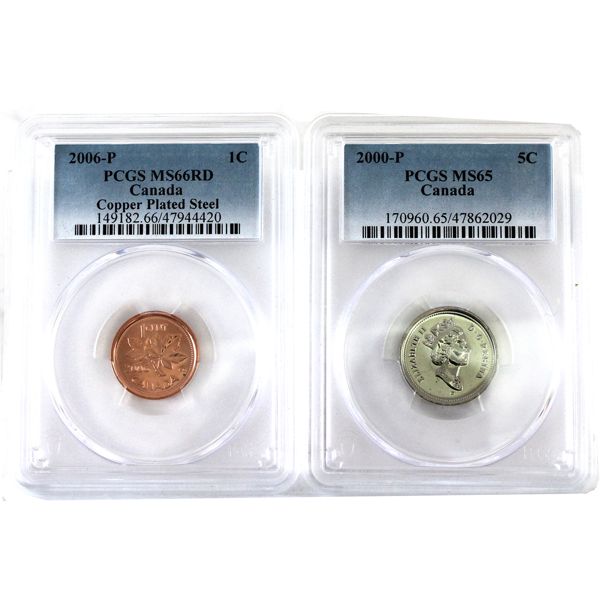 1-cent 2006P Magnetic MS66 Red & 5-cent 2000P MS65 Both PCGS Certified. 2pcs