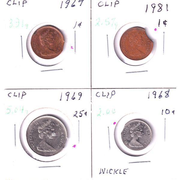 Errors! 1-cent 1967, 1981, 10-cent 1968 & 25-cent 1969 Clipped Planchet Errors. 4pcs