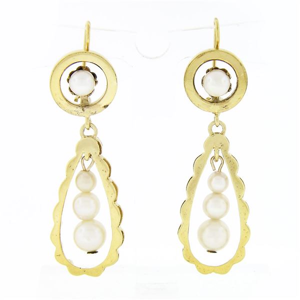 Vintage 14K Yellow Gold Pearl Scalloped Open Elongated Tear Drop Dangle Earrings