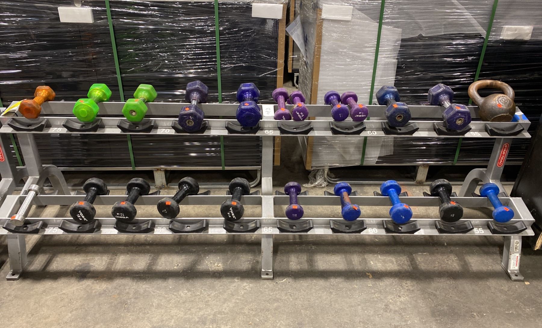 STAR TRAC GREY 2 TIER 20 WEIGHT COMMERCIAL DUMB BELL RACK WITH ASSORTED ...