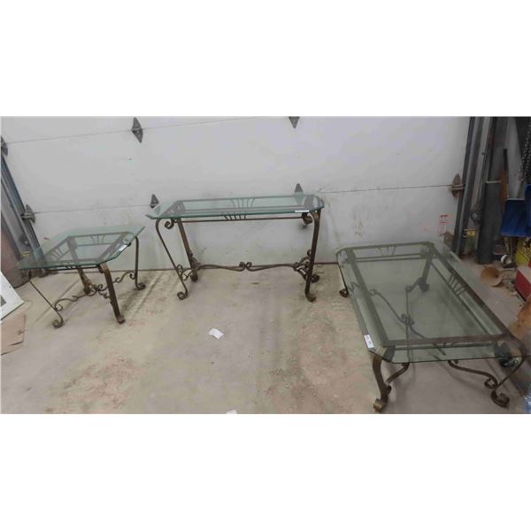 3 pc Wrought Iron Glass Top Table Set ; Coffee 16  x 29  x 49  + Sofa 18  x 28  x 50 