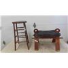 Image 1 : Camel Saddle Style Stool 17" x 20" x 28" & Wooden Stool 13" x 28" 