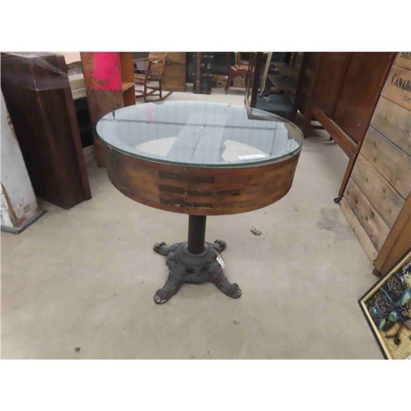 Industrial Look Parlour Table Cast Base with Industrial Wooden Pulley with Glass Top