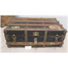 Image 1 : Vintage Trunk 13" x 22" x 36" with Brass + Wood Trim & Leather Handles