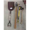 Image 1 : Scoop Shovel, Posthole Digger, 2 Axes, Crowbar