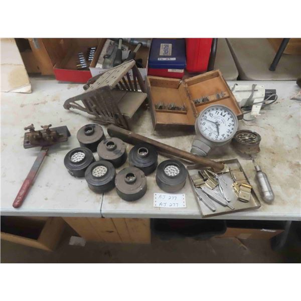 Vintage Joining Machine, Filters, Clock Gauge, GM Temp Gauge, Pocket Knives, 