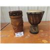 Image 1 : 2 Tribal Carved Bongos with Hide Skin ; 6" diameter x 12" & 8" diameter x 12" 
