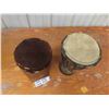 Image 2 : 2 Tribal Carved Bongos with Hide Skin ; 6" diameter x 12" & 8" diameter x 12" 