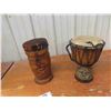 Image 5 : 2 Tribal Carved Bongos with Hide Skin ; 6" diameter x 12" & 8" diameter x 12" 