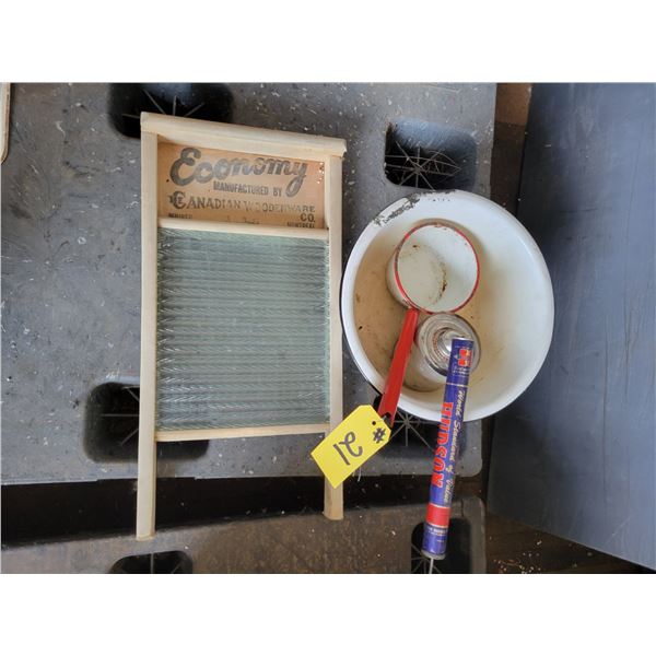 Antique wash board, wash basin & scoop