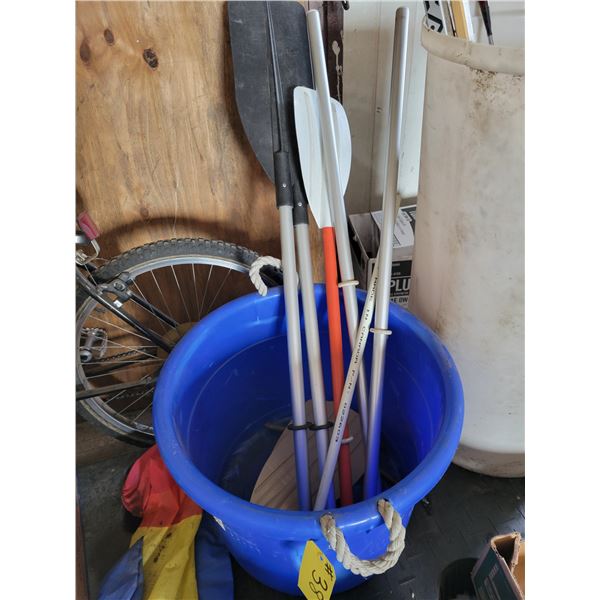 Qty of oars & blue plastic container