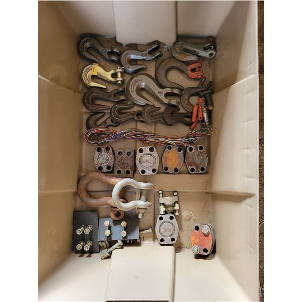 Crate of shackles, chain hooks, clamps & misc.