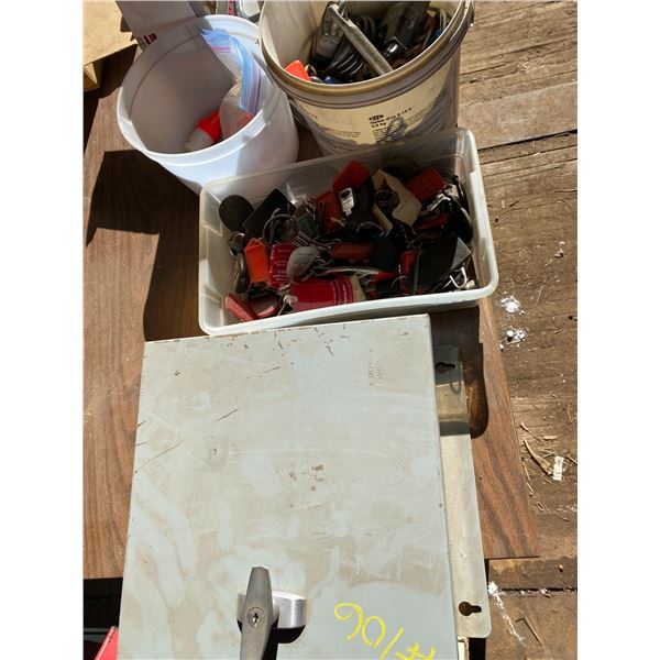 Elec. Box c/w key, air hose, keys, locks, goggles, tape & misc.