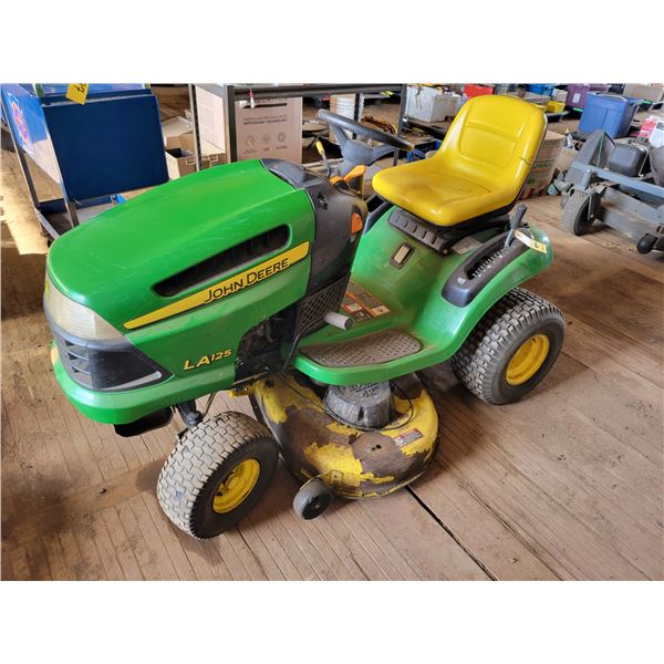 JD LA125, hydro, riding mower, showing 444 hrs, approx. 42" deck c/w new tire tube, oil filters, man
