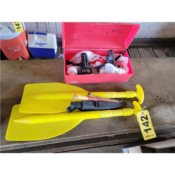 (Lots 140 & 142 are a Group Lot) 2- Fishing reels, 2- fillet knives & 2- paddles