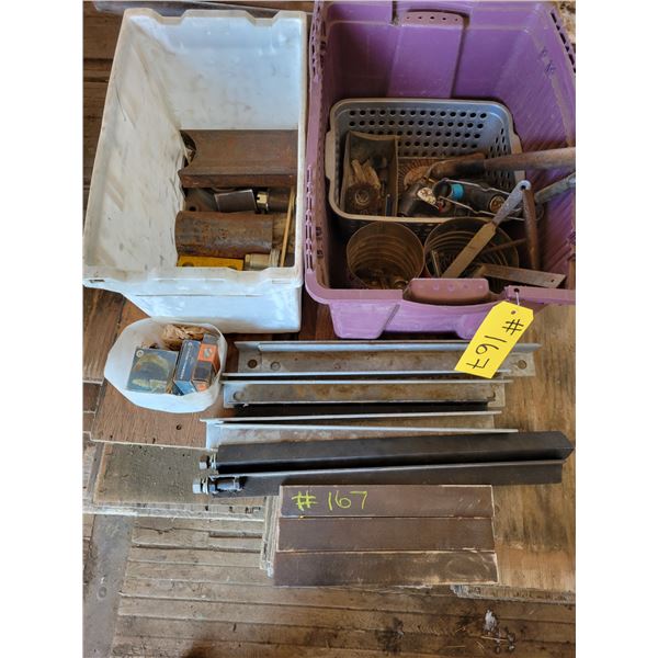 2- Containers of misc. steel, files, hammer, buffing wheels, qty of angle & flat bar, etc.