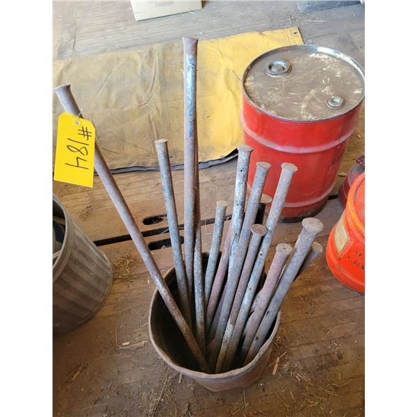 Pail of steel spikes, 2- 3 ft