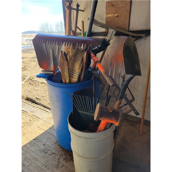 Sledge hammer, spades, grass whip, rakes, post auger, lining bars, shovels, squeegee & barrels