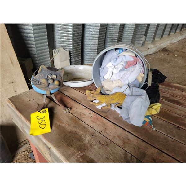 2- Metal cat ornaments & a pail of clean rags